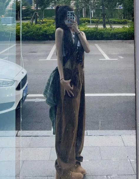 棕色背带裤女春夏季ins潮牌美式复古vin...