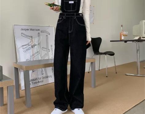 春秋黑色直筒宽松背带长裤女装秋冬显瘦牛仔裤...