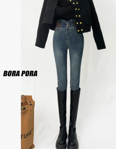 高腰牛仔裤 高腰牛仔裤小脚裤牛仔女加绒20...