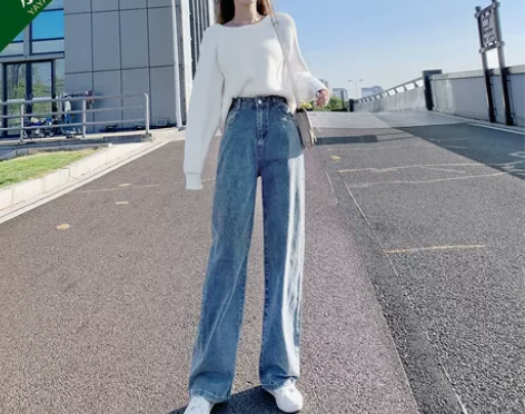 牛仔阔腿裤女夏高腰垂感2022年新款宽松显...