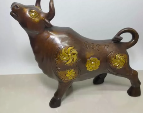 牛气冲天,花牛摆件 黄铜仿紫铜鎏金复古工艺...
