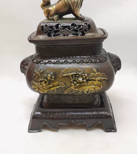 二体方狮盖炉 黄铜仿紫铜鎏金复古工艺 批发...