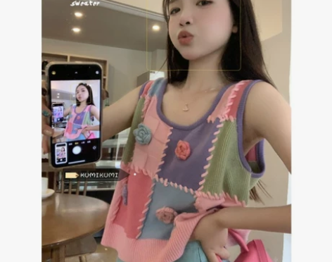 甜美甜辣设计感撞色无袖针织背心夏季小众宽松...