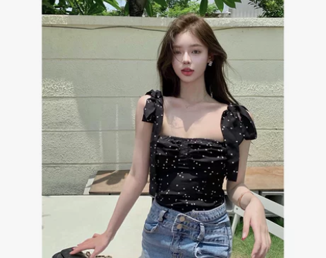方领褶皱夏季绑带无袖防走光背心女纯欲蝴蝶结...