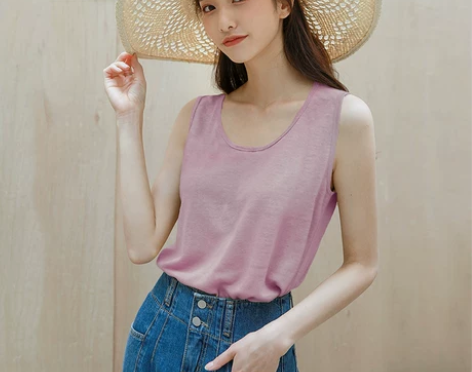 无袖宽松冰丝棉麻背心女均码（烟紫色） 感兴...