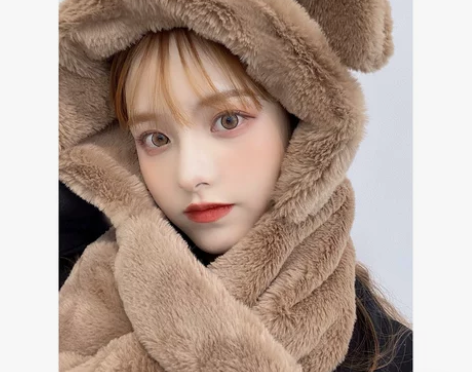 小熊耳朵会动帽子围巾一体女秋冬季韩版潮毛绒...