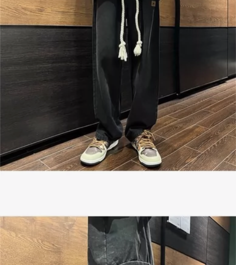 咖色欧美高街vibe裤子大抽绳松紧腰牛仔裤...