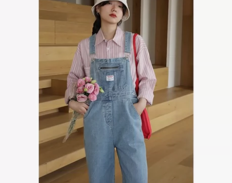 背带裤女韩版宽松直筒减龄阔腿裤显瘦小个子牛...