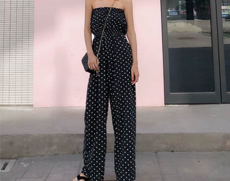 复古高腰连衣裤抹胸波点连体裤女长裤秋裹胸露...