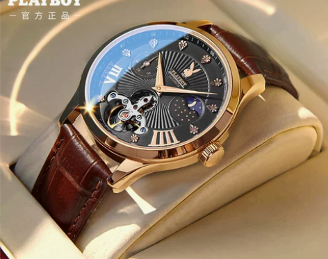 正品花花公子手表男士机械表全自动十大镂空陀...