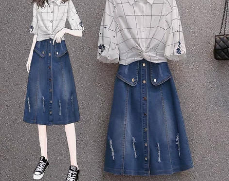 牛仔裙休闲半身裙排扣磨破弹力柔软A字裙大码...