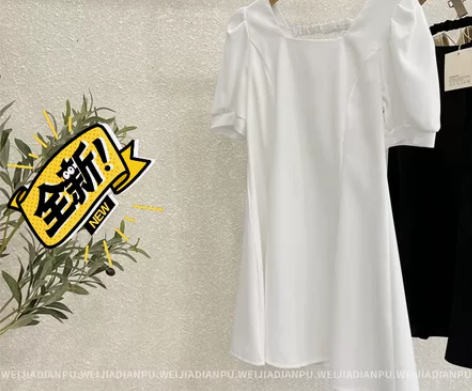 赫本风连衣裙女夏新款法式方领泡泡袖气质小个...