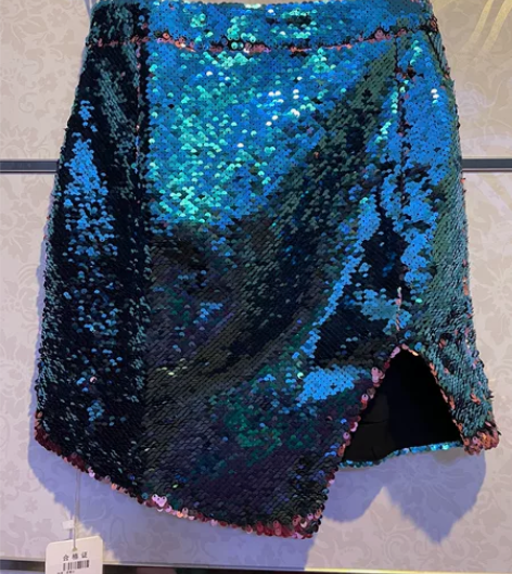 巨闪亮片裙子高腰开叉半身A字裙名媛风全新带...