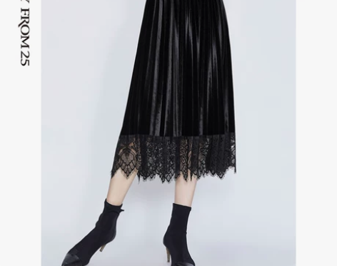 【38活动价】朗姿春秋女蕾丝拼接丝绒百褶中...