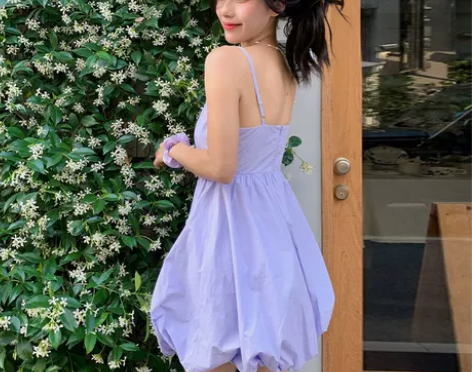 可直接拍 雅宝股份紫色吊带连衣裙女蓬蓬女夏...