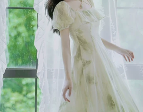 夏季仙女裙子法式初恋水墨晕染连衣裙复古温柔...