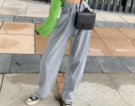 泫雅风阔腿裤高腰牛仔裤女宽松垂感拖地长裤直...