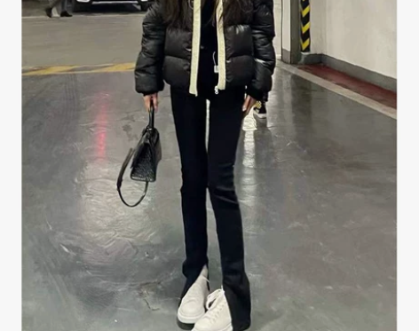 开叉牛仔裤女高腰2022年新款修身显瘦黑色...