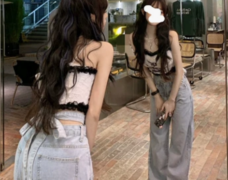 欧美式辣妹风绑带设计感小心机牛仔裤女春夏百...