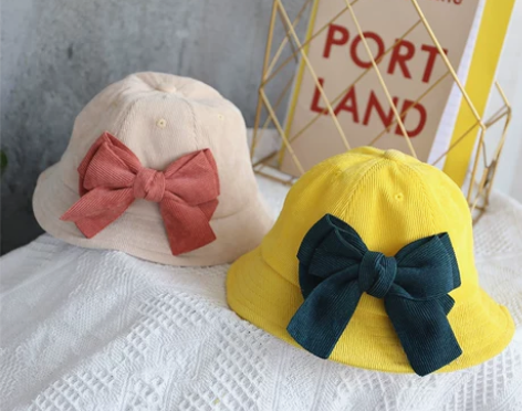 小红帽亲子专制韩国单秋灯芯绒蝴蝶结渔夫帽撞...