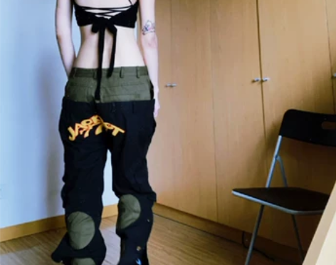 黑色排扣裤子女美式高街头hiphop嘻哈拼...