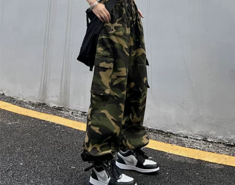 美式hiphop迷彩工装纯棉裤子女春秋in...