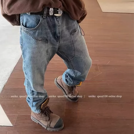 uniike油腻客 美式休闲伐木牛仔裤男秋...