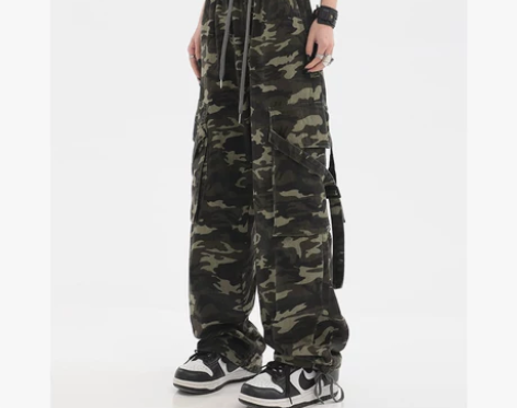 秋冬复古嘻哈迷彩裤女高街直筒阔腿设计感高腰...