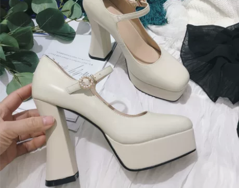 2022新款浅口单鞋里外全皮粗高跟防水台圆...