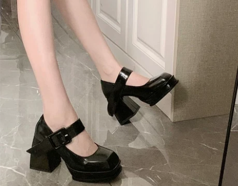 小众款~增高8公分！黑色玛丽珍鞋厚底粗跟夏...