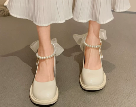 法式玛丽珍鞋女2022年夏新款珍珠蝴蝶结粗...