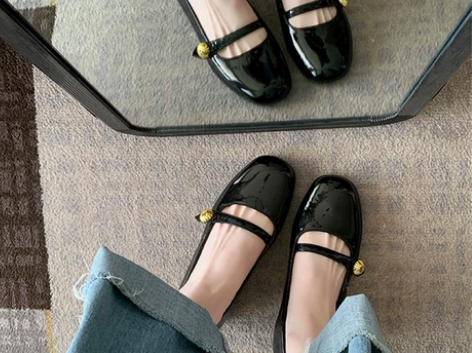 法式复古真皮厚底小皮鞋金扣浅口圆头玛丽珍鞋...