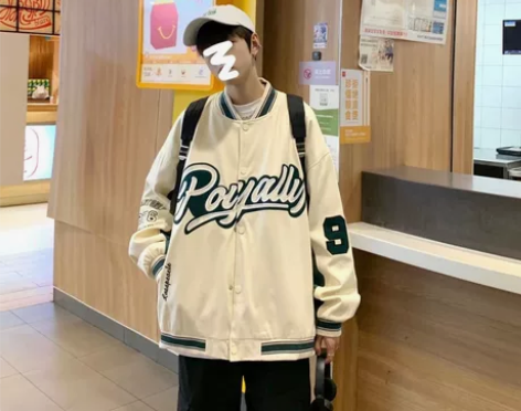 潮牌复古字母刺绣撞色立领棒球棉服男女宽松潮...