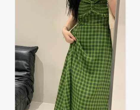 轻熟法式少女绿色格子连衣裙大码女装夏季最新...