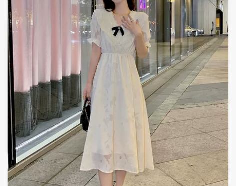 茶歇法式蝴蝶结森系连衣裙女夏季小清新奶甜裙...