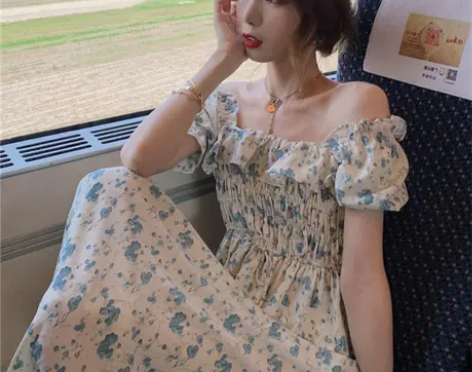 夏季一字肩超仙森系气质雪纺长裙小清新法式初...