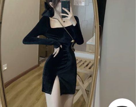 2021年秋冬季新款女法式复古性感修身方领...