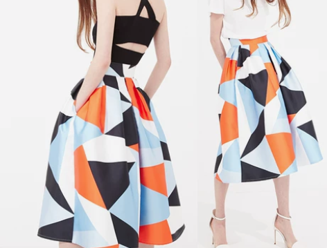 D-PLAY欧美撞色几何高腰大摆裙复古伞裙...