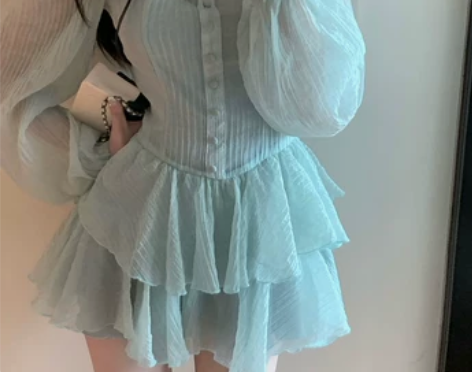 kumikumi方领泡泡袖连衣裙女甜辣气质...