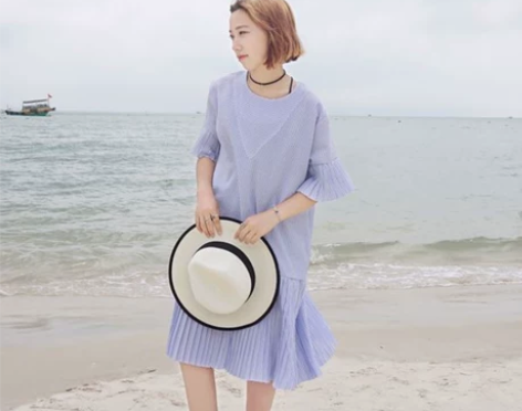 夏装韩版学院风百搭宽松纯色裙子夏连衣裙中长...