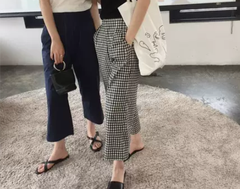 港风宽松复古纯棉黑白格子裤子女装八分裤长裤...