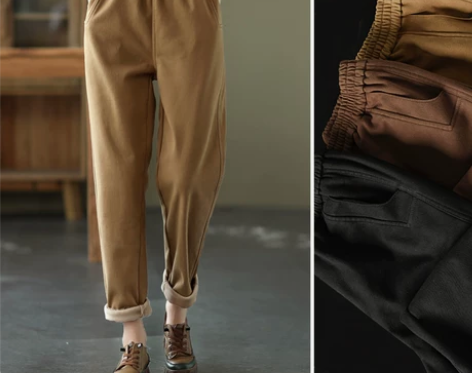 冬季复古文艺全棉细绒哈伦裤松紧腰显瘦百搭休...