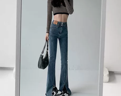 蓝色高腰开叉微喇牛仔裤女秋冬修身显瘦喇叭拖...