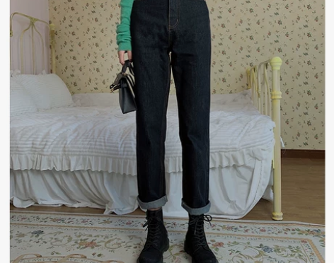 范智乔 黑色牛仔裤女高腰泫雅老爹裤烟管裤子...