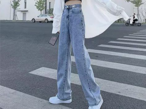 高腰宽松显瘦百搭阔腿直筒长裤 复古蓝58元...