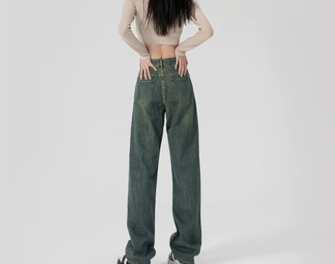阔腿牛仔裤女2023早春新款复古水洗高腰宽...