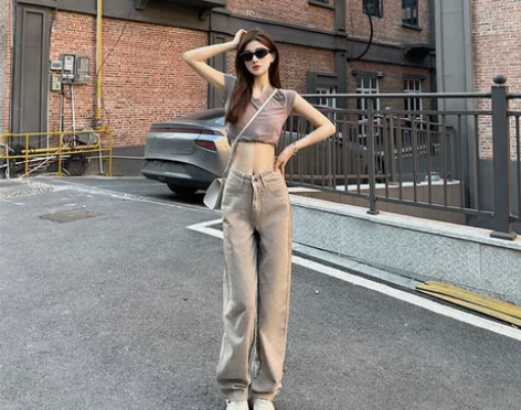 ZRZV秋冬新品韩系卡其色牛仔裤高腰时尚百...