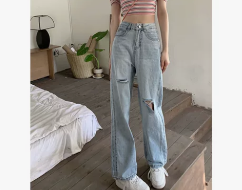 大码高腰破洞直筒牛仔裤女胖mm夏季辣妹宽松...