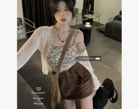 kumikumi甜辣妹碎花吊带背心女镂空防...