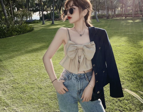 大蝴蝶结系带小吊带背心女短款2020夏季新...